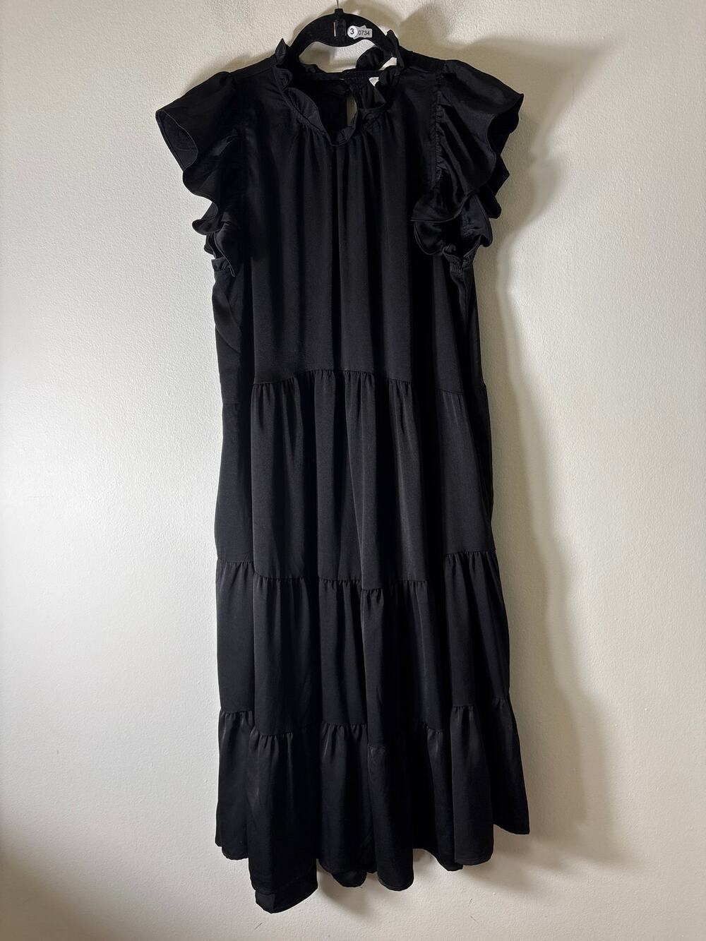 Pinch Black Flutter Sleeve High Collared Tiered Dress Sz L